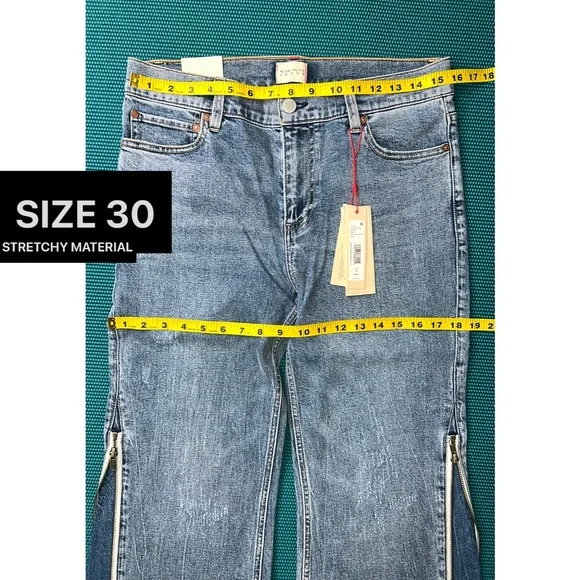 Alice + Olivia Rey Side Zipper Blue Off White Wide Leg Jeans - Picture 12 of 16